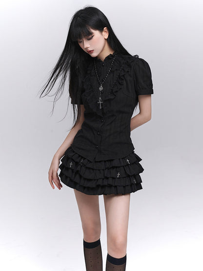 Black Lace Trim Short Sleeves Gothic Blouse