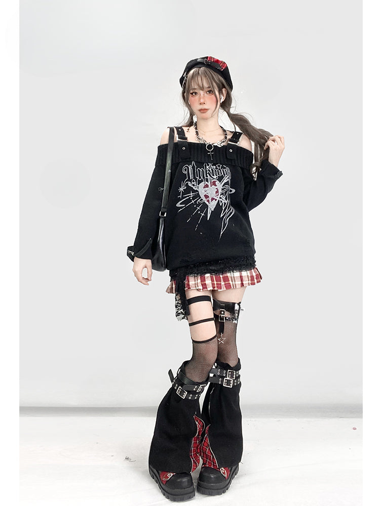 Y2K Red Plaid Pattern Hem Black Denim Skirt+Buckle Strap Leg Warmers