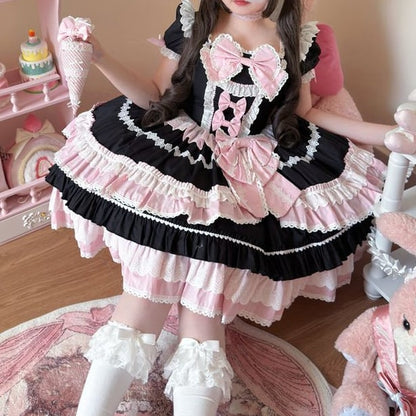 Black and Pink Sweet Bow Accents Short Sleeves Dress Lolita One Piece