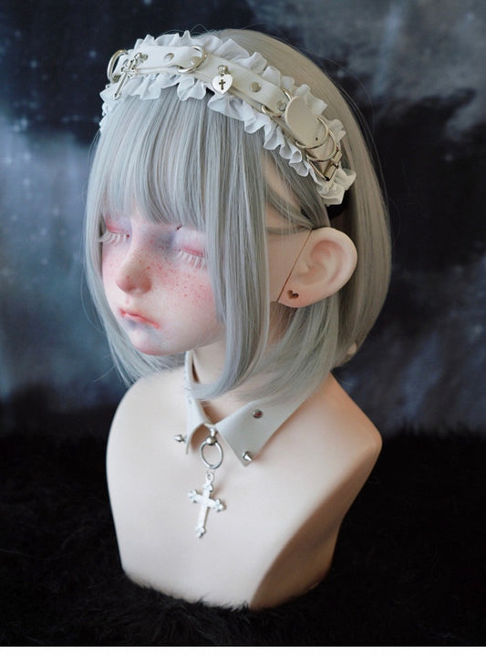 White Gothic Cross Stud Ring Buckle PU Ruffled KC