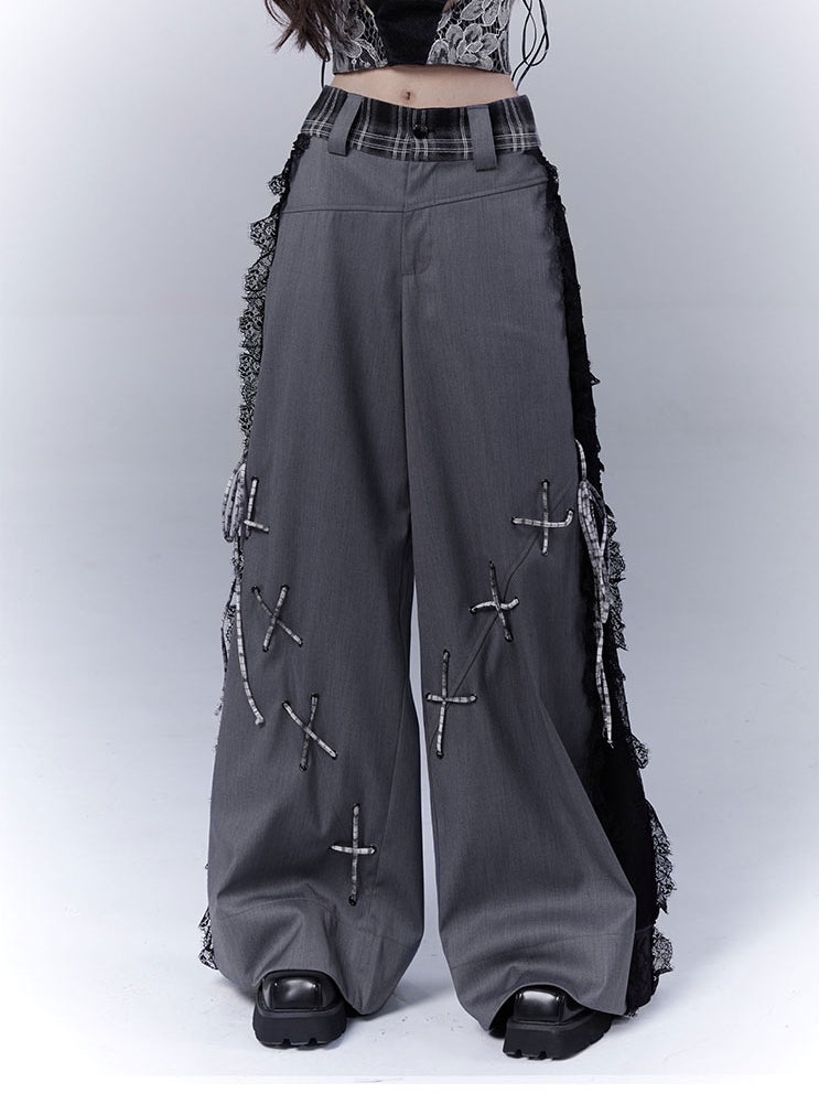 Dark Gray Lace Patches Side Casual Pants with Lace-up Details