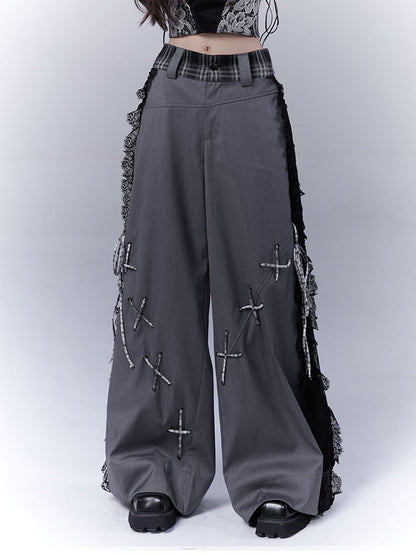 Dark Gray Lace Patches Side Casual Pants with Lace-up Details