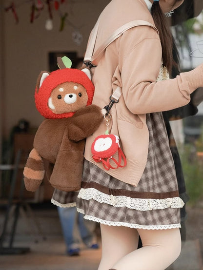 Cute Red Panda Brown 28/40 cm Plush Backpack/Crossbody Bag + Apple Hat + Red Panda/Apple Keychain