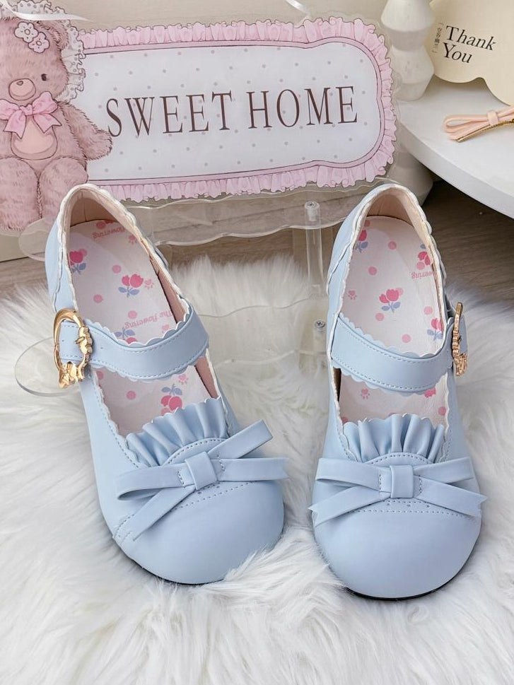 Mid-heel Blue Mary Janes in PU - Bow Accent, Ruffles Edging & Scalloped Buckle