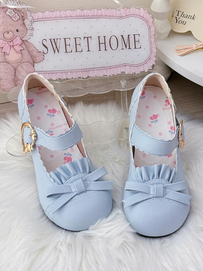 Mid-heel Blue Mary Janes in PU - Bow Accent, Ruffles Edging & Scalloped Buckle