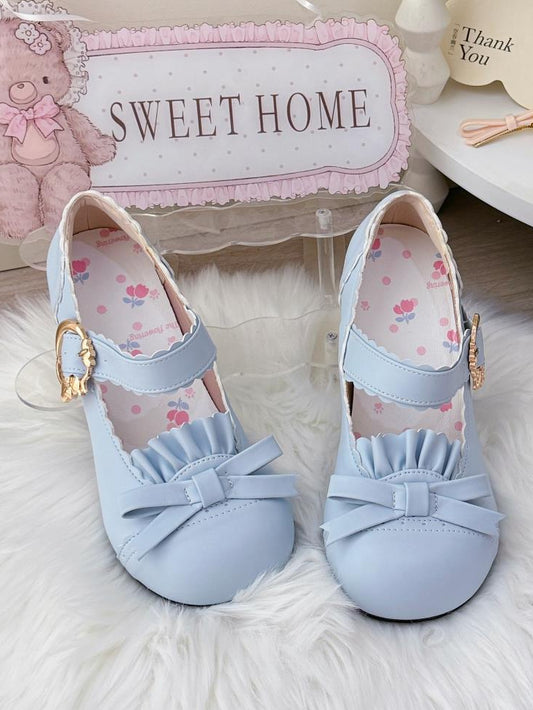 Mid-heel Blue Mary Janes in PU - Bow Accent, Ruffles Edging & Scalloped Buckle