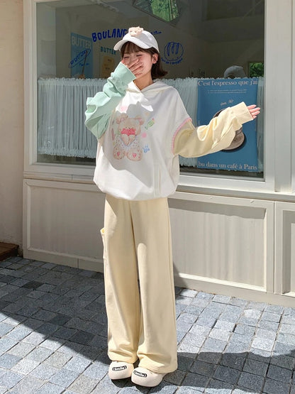 Creamy Yellow Elastic Waist Teddy Bear Print Wide-Leg Casual Pants Regular/Short Version