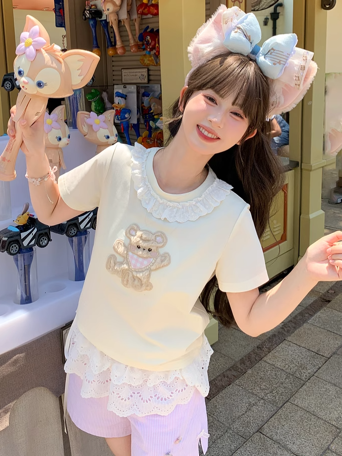 Plush Bear Applique Apricot Lace Trim Neckline T-shirt