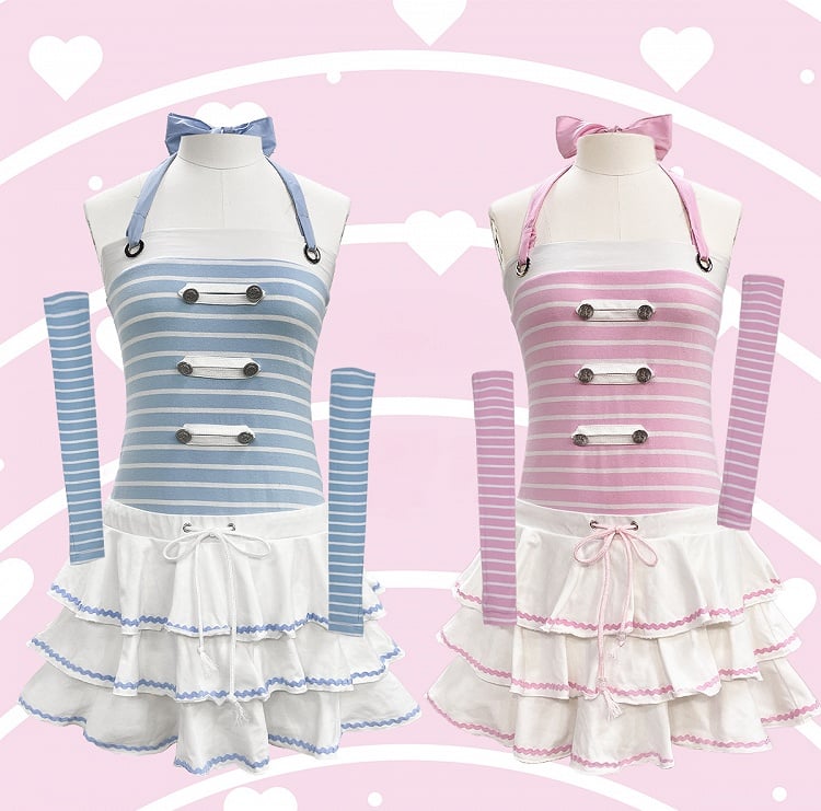 Pink Striped Pattern Navycore Self-tie Halter Dress Tiered Skirt with Free Armwear