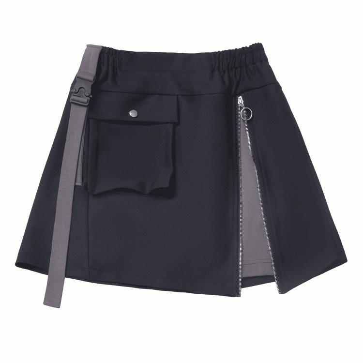 Black and Gray Snap and Zipper Detail Techwear Skirt