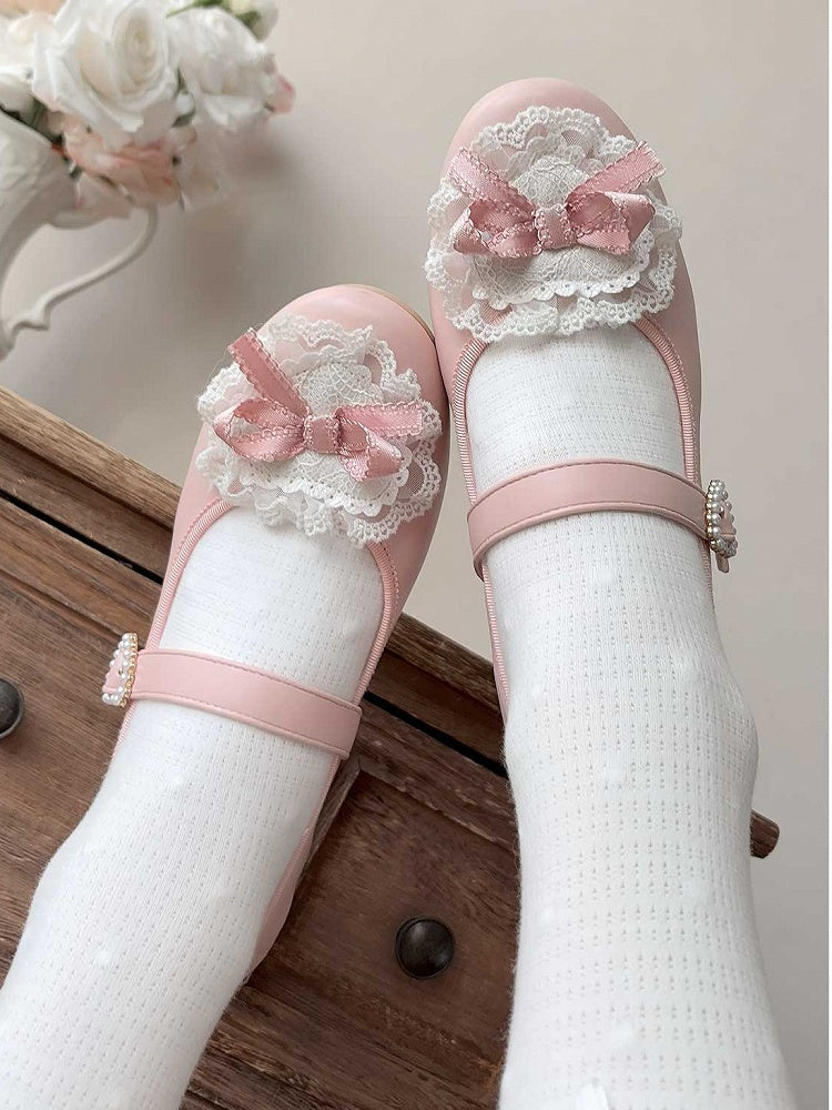 Pink Bow at Top Lace Trim Beaded Heart Buckles Lolita Shoes