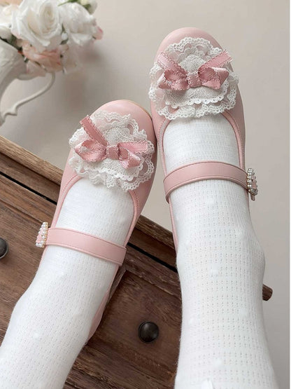 Pink Bow at Top Lace Trim Beaded Heart Buckles Lolita Shoes