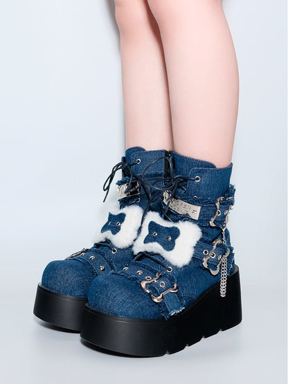Buckle Straps Plush Bone Decorated Denim Blue Punk Platform Boots