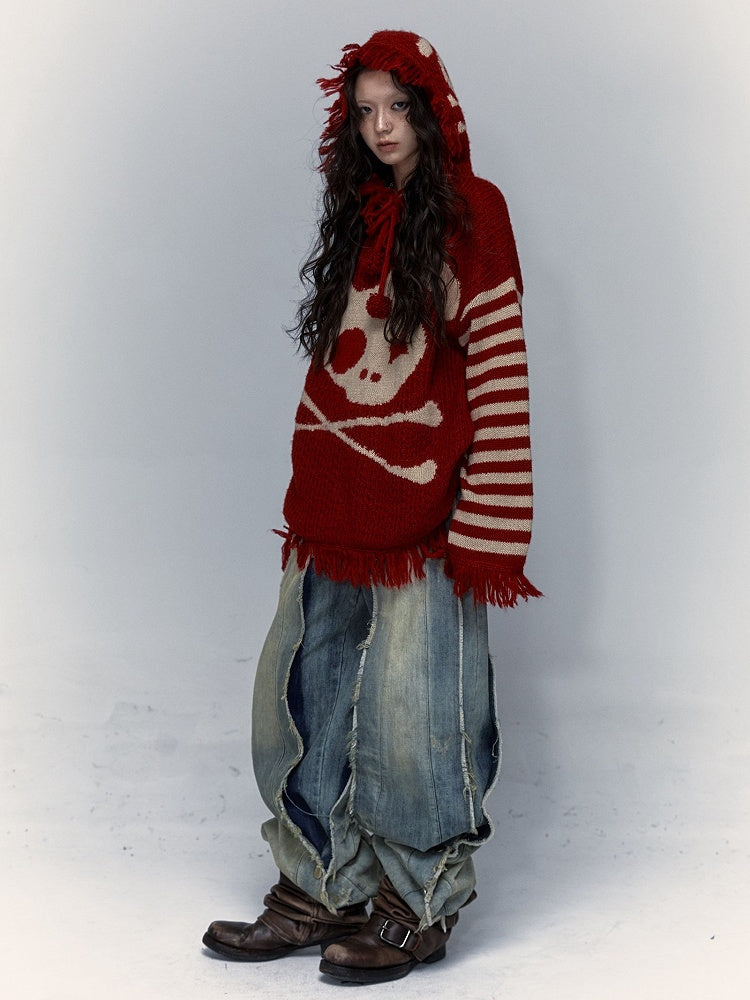 Wine Red Skull Bunny Punk Loose Hooded Sweater with Striped Sleeves