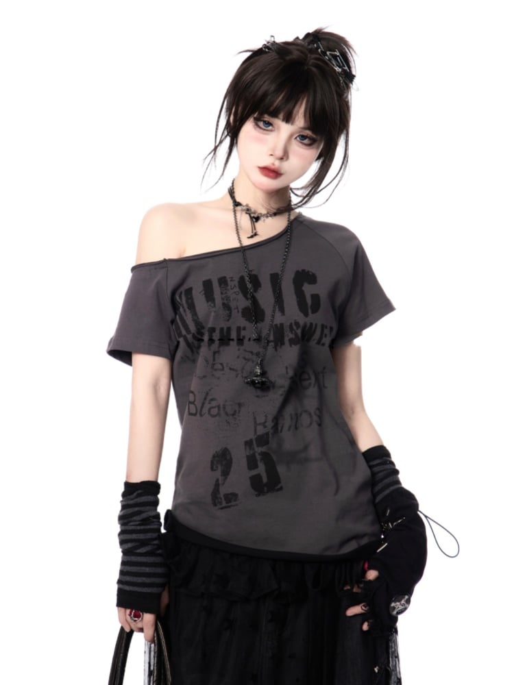 Y2K Letter Print White/Gray Asymmetrical Neckline T-shirt