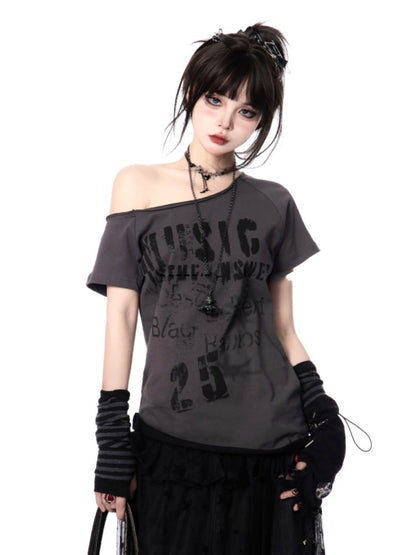 Y2K Letter Print White/Gray Asymmetrical Neckline T-shirt