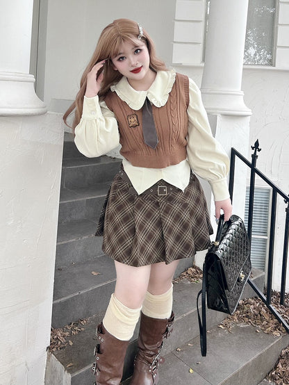 Plus Size White Preppy Shirt / Brown Plaid Pleated Skirt
