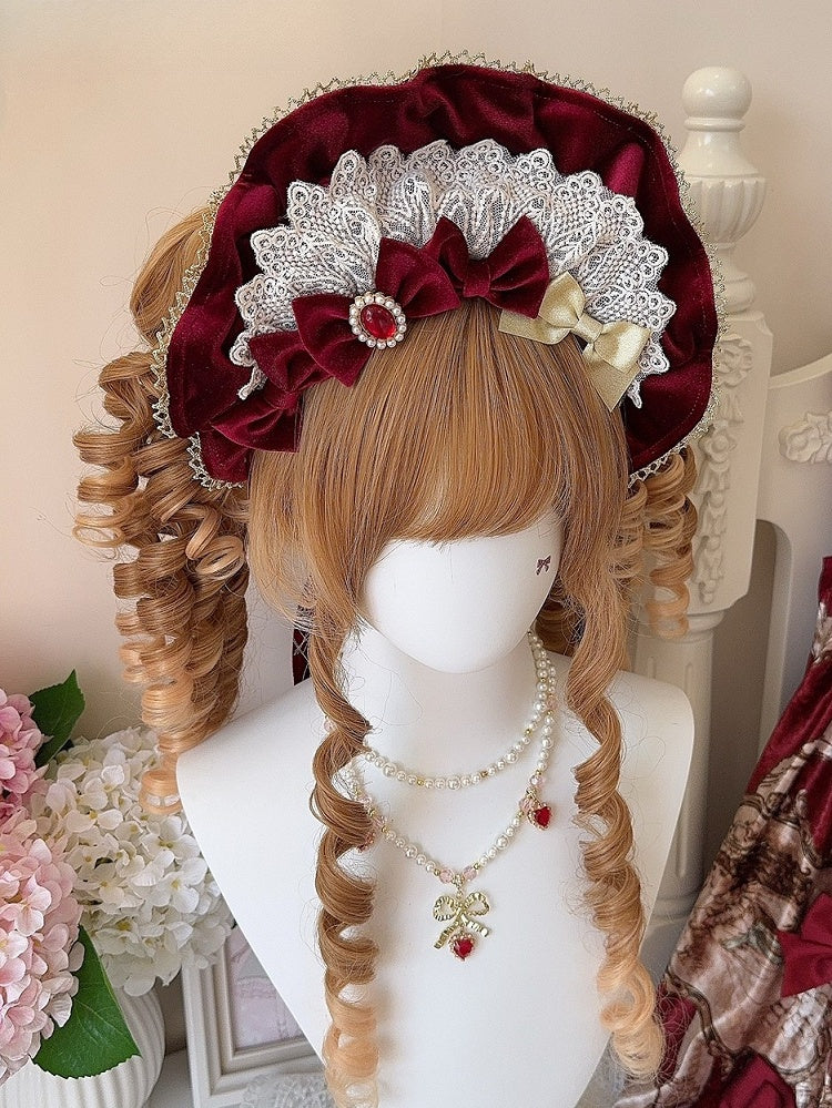 Wine Red/Black Velvet Lace Trim Bonnet + 4 Bowknot Brooches