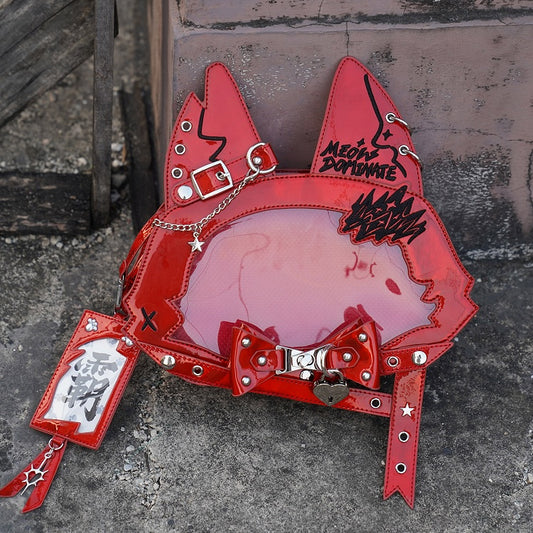 Bold Red Punk Cat Polished PU Tote Ita Bag with Free Card Holder