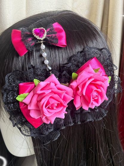 Two Pink&Black Floral Design Lace Trim Bead Chain Bowknot Hairclips