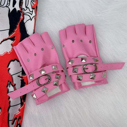 Punk Studs Crisscross Straps PU Half Finger Gloves 5 Color Options