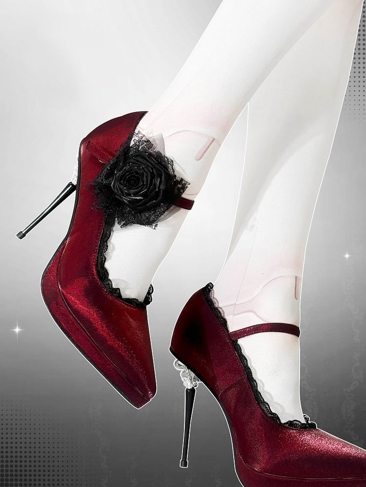Red Gothic Floral Decorated Pointed Toe Satin High Heels