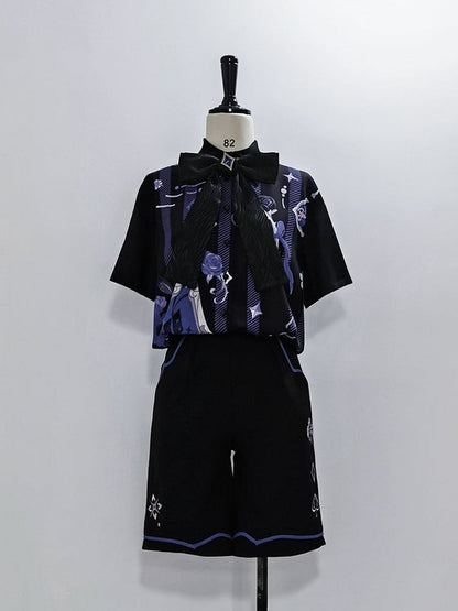 Black Ouji Summer Shorts with Spade Diamond Club Embroidery