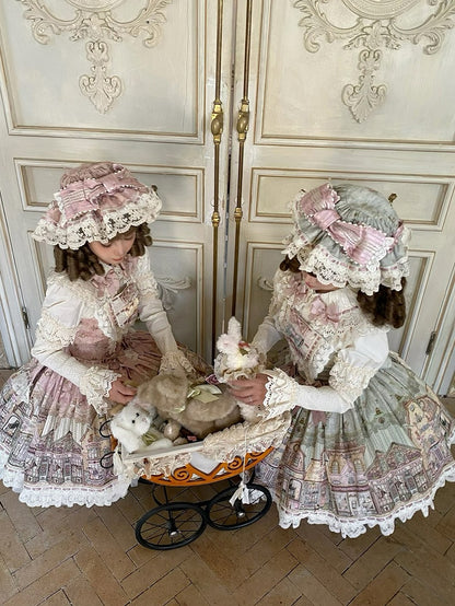 Green Flutter Sleeves Sweet Lolita JSK Dress with Fairytale Town Print and Bow Accents