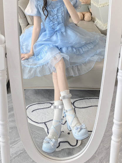 7CM Light Blue Bow at Top Crisscross Design Sweet Lolita Platform High Block Heels