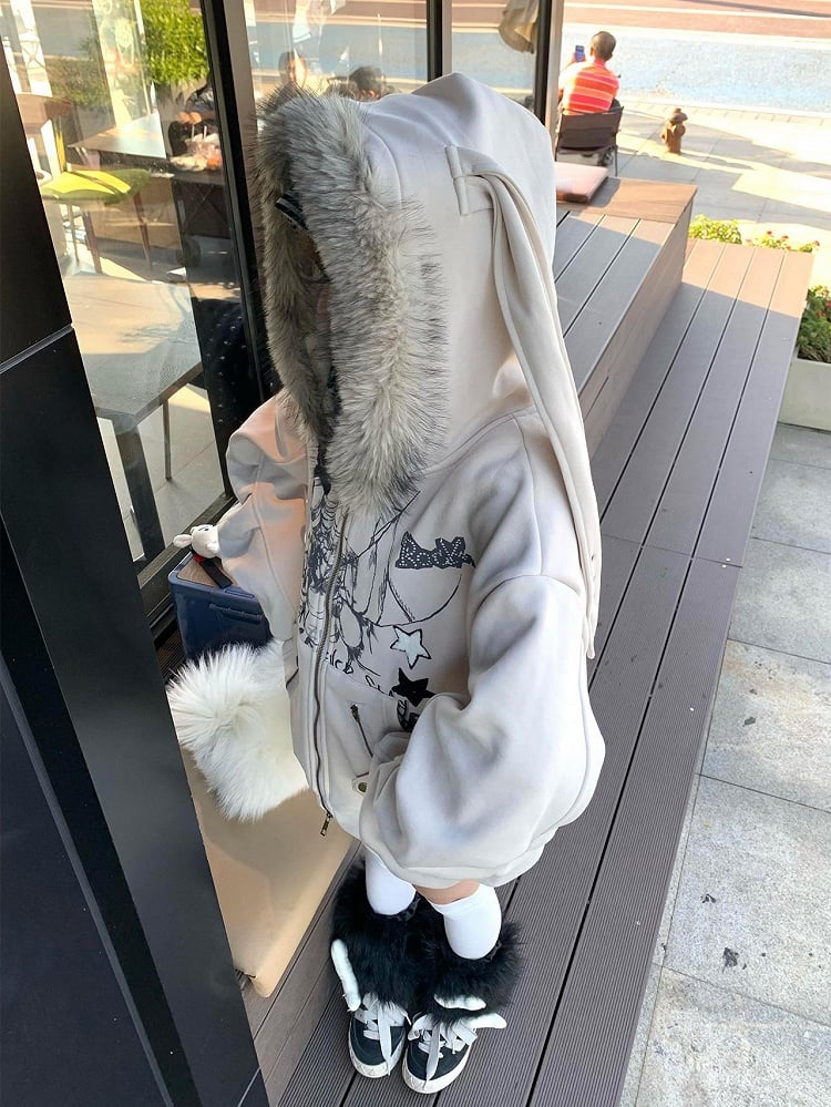 Y2K Khaki Rabbit Ear Hooded Jacket Zip-Up Hoodie for Spring