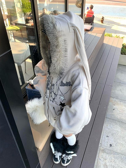 Y2K Khaki Rabbit Ear Hooded Jacket Zip-Up Hoodie for Spring
