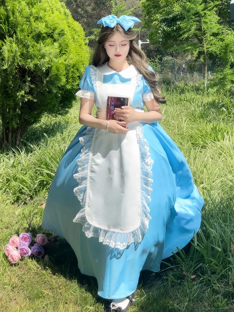 Plus Size Friendly Blue Long Version Maid One Piece + Apron Alice in Wonderland Vibes