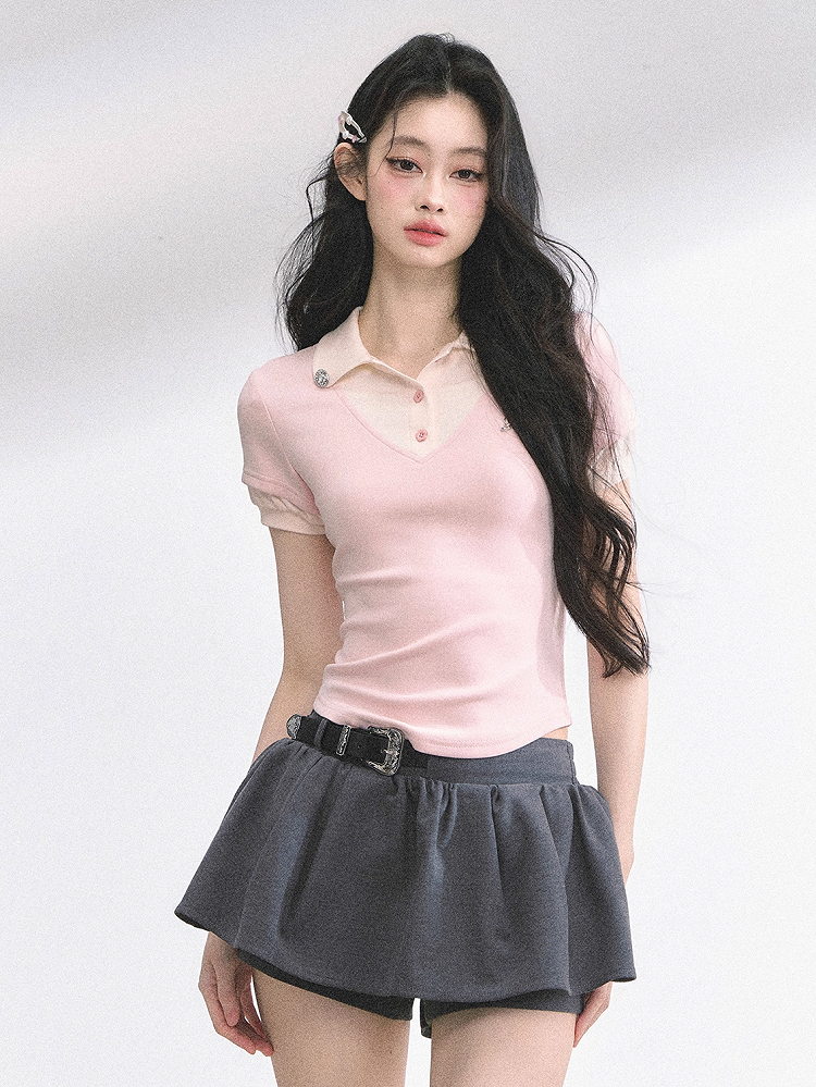 Rhinestones Decorated Polo Collar Pink& Apricot/ Black& Gray T-shirt Faux Two-pieces