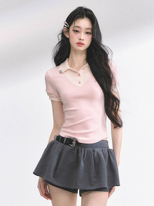 Rhinestones Decorated Polo Collar Pink& Apricot/ Black& Gray T-shirt Faux Two-pieces