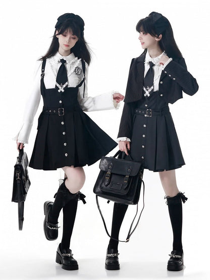 Black/Gray Adjustable Strap Box Pleat Overall Skirt with Belt