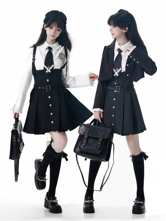 Black/Gray Adjustable Strap Box Pleat Overall Skirt with Belt