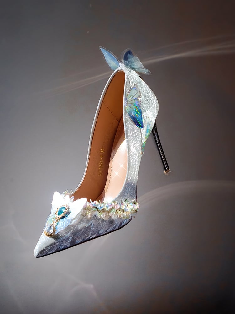 Silver Rhinestone Decorated Butterfly Details Pointed Toe 7.5CM/10.5CM High Heels