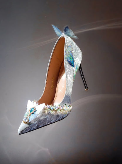 Silver Rhinestone Decorated Butterfly Details Pointed Toe 7.5CM/10.5CM High Heels