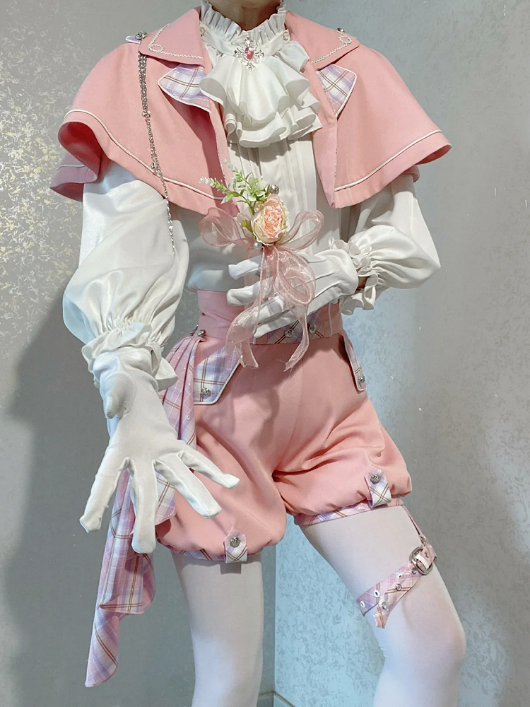 Pink and White Prince Ouji Lolita Outfit - White Shirt + Pink Cape + Pink High Waist Shorts