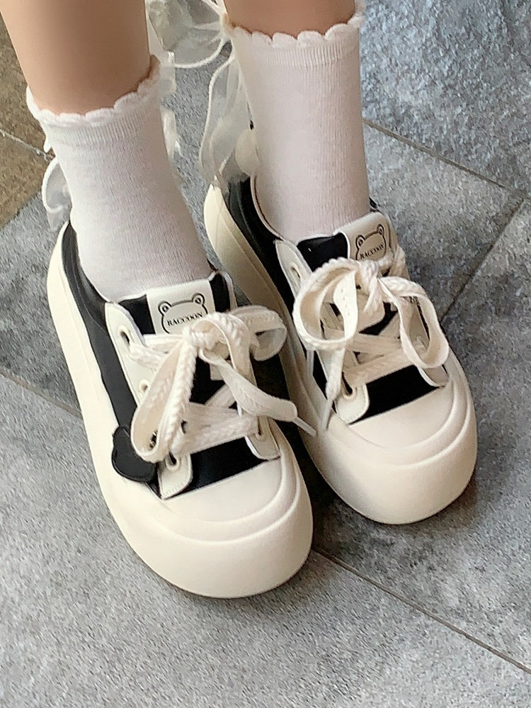 Black Daily Kawaii Shoes - White Platform Sole, Star & Bear Patchwork Design