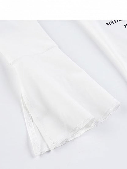 White Bittersweet Letter Print Asymmetrical Hem Bell Sleeves Top