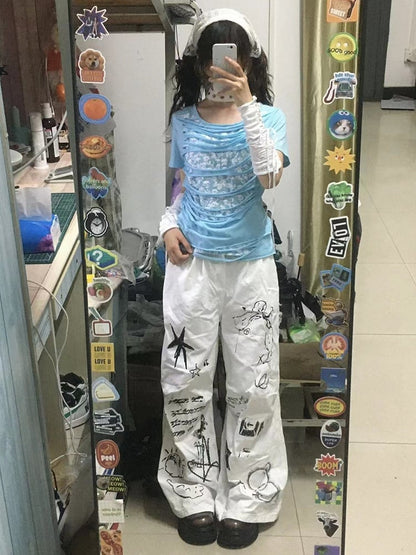 Light Blue Double-layer Skeleton Print Hollowed-out Punk T-shirt