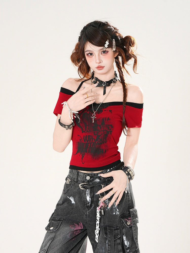 Off-the-shoulder Neckline Butterfly Applique Red/White/Gray Halter Neck T-shirt