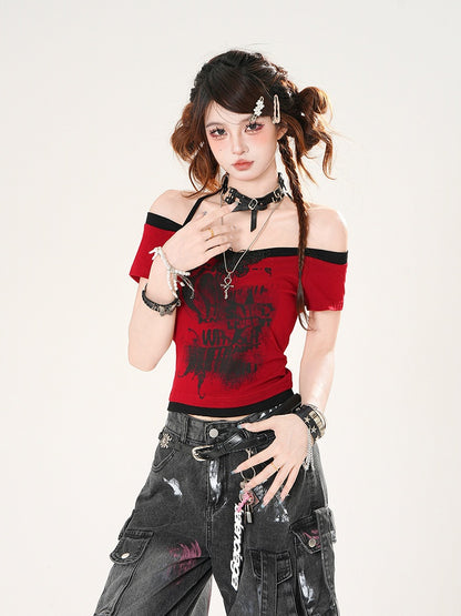 Off-the-shoulder Neckline Butterfly Applique Red/White/Gray Halter Neck T-shirt