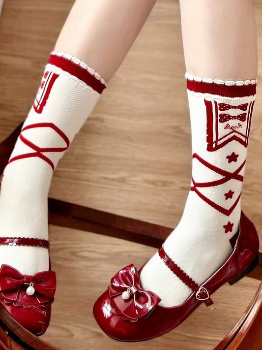 Blue/Red Star and Bowknot Print Crisscorss Banded Lolita Calf Socks