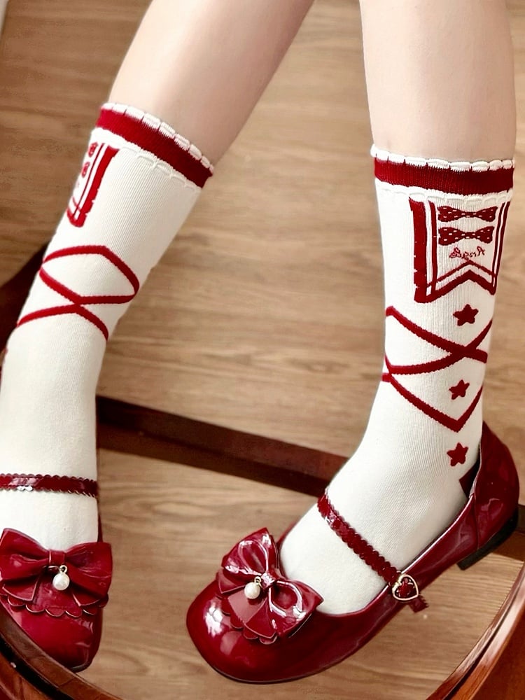 Blue/Red Star and Bowknot Print Crisscorss Banded Lolita Calf Socks