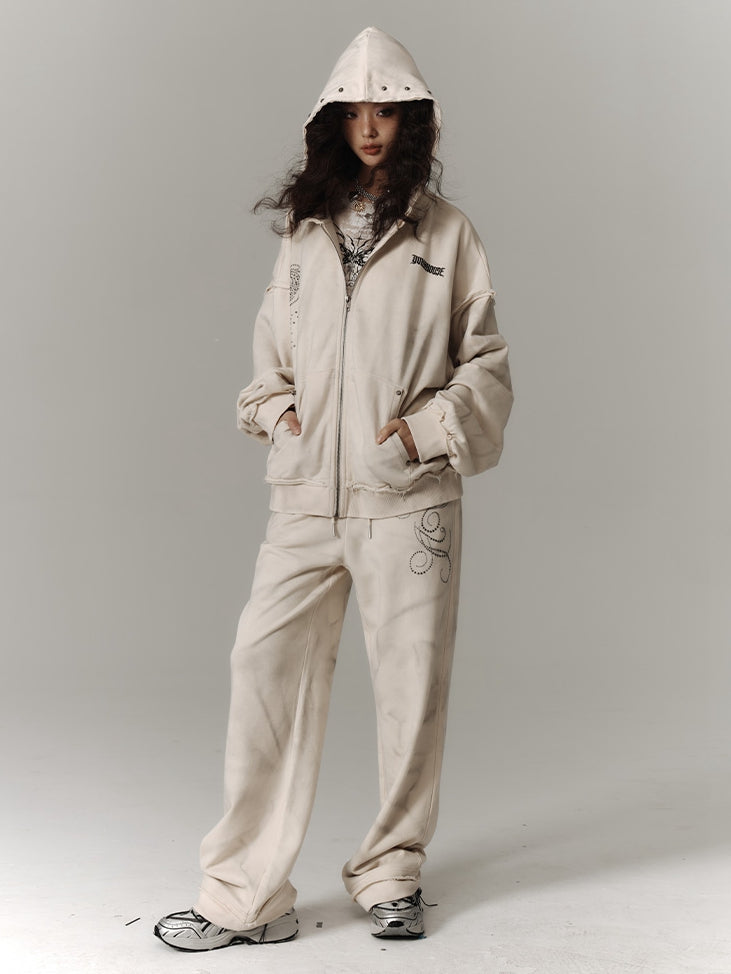 Wasteland Punk Studs Design Beige Washed Loose Casual Zip Hoodie