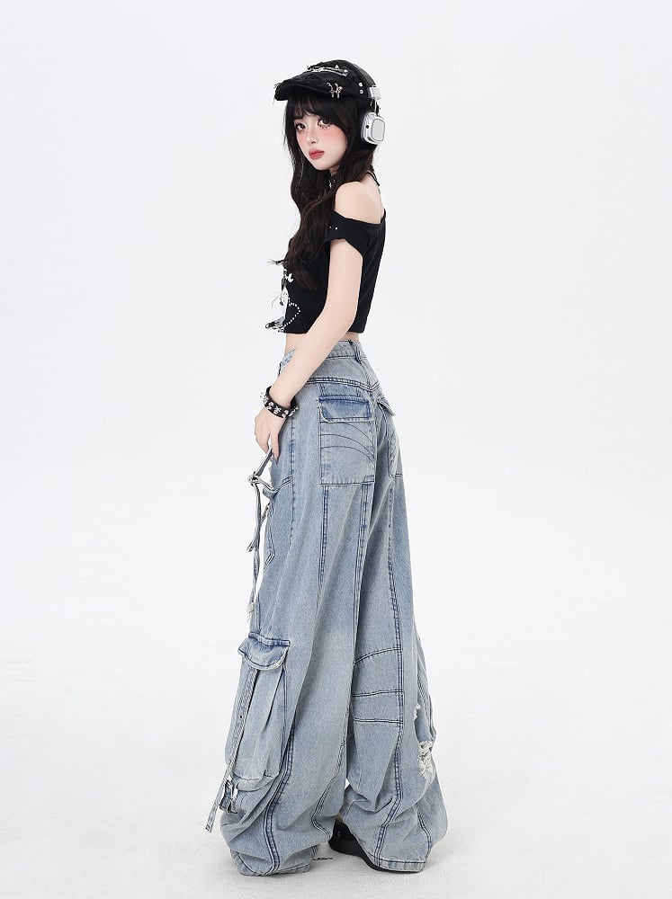Blue Low Rise Distressed Holes Wide-leg Cargo Jeans