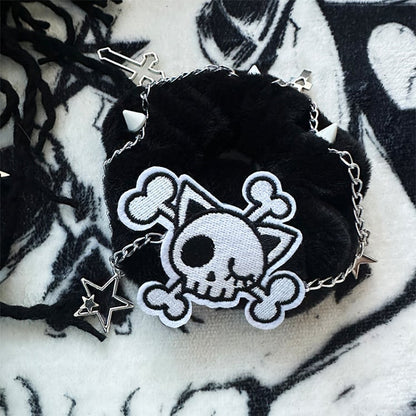 Black/White Skeleton Applique Gothic Plush Scrunchie