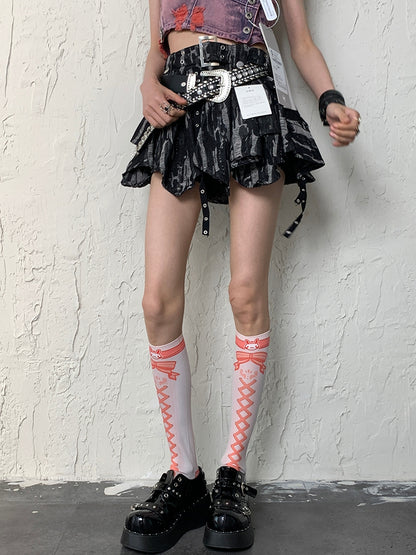 White&Orange Y2K Crisscorss Banded Bunny And Bowknot Print Underknee Stockings